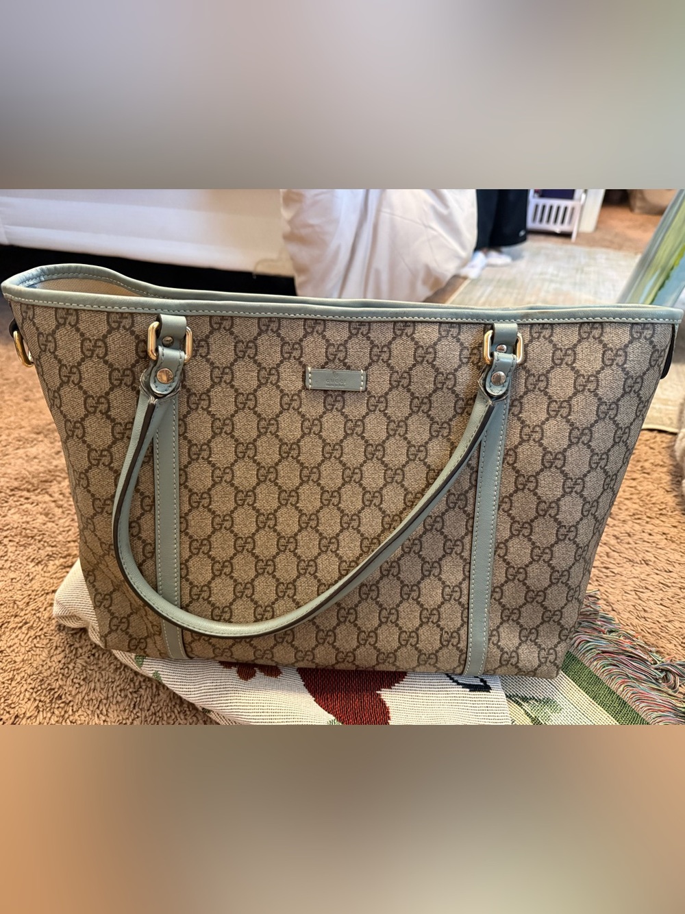 Gucci Beige GG Canvas Tote with Blue Trim - Picture 1 of 6